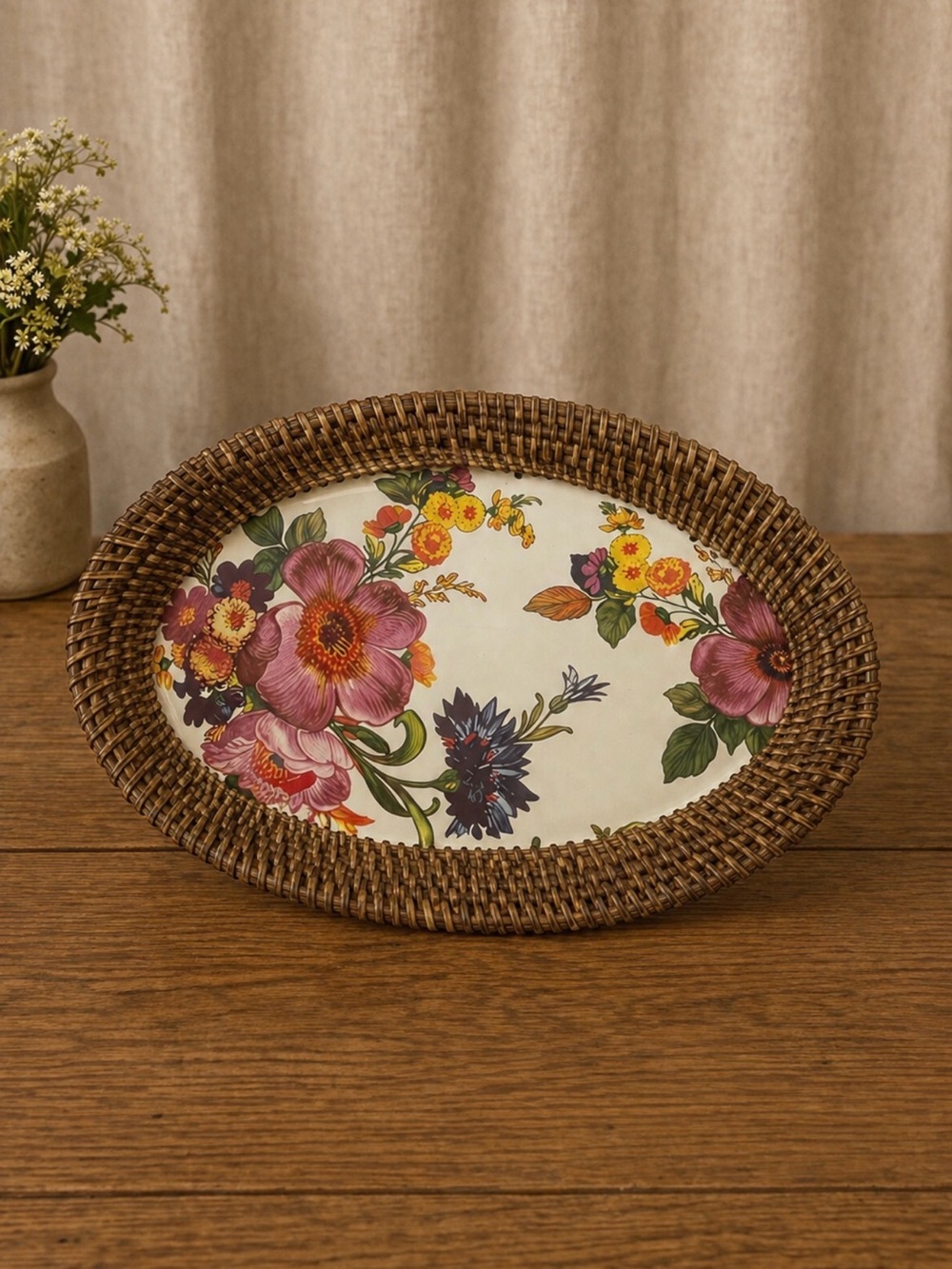 MacKenzie-Childs Floral Rattan Oval Tray in Pink, Yellow, Green, Purple 11x8